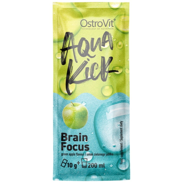 Хранителна добавка OstroVit Aqua Kick / Advanced Hydration - Brain Focus, Зелена ябълка, 10 грама