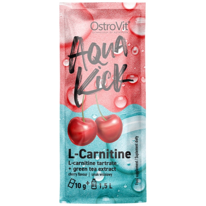 Хранителна добавка OstroVit Aqua Kick / Advanced Hydration with L-Carnitine and Green Tea, Череша, 10 грама
