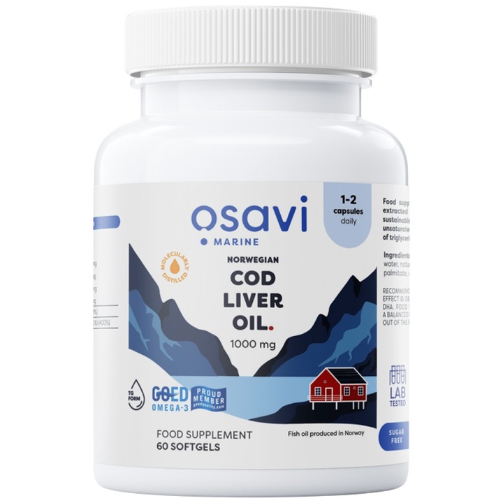 Supliment alimentar, Osavi, Ulei de ficat de cod norvegian 1000 mg cu aroma de lamaie, 60 capsule de gel