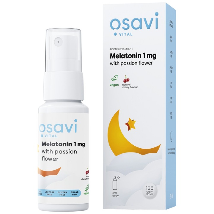 Хранителна добавка Osavi Melatonin 1 mg Oral Spray with Passiflora, Череша, 25 мл