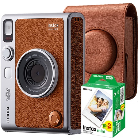 Комплект Фотоапарат за моментни снимки Fujifilm Instax Mini Evo Brown + Филм Instax Mini 2x10 + Калъф Mini Evo Brown - eMAG.bg
