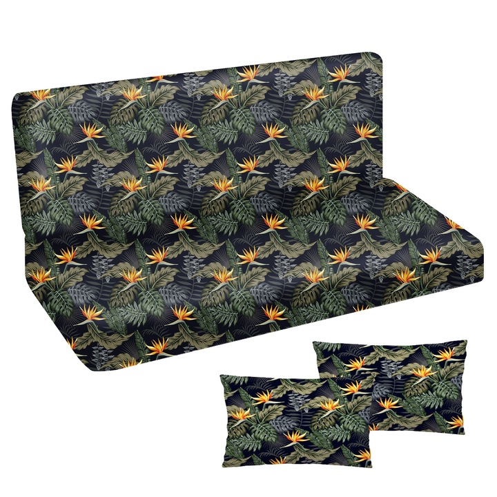 Saltea perna pentru leagan, banca de gradina, pentru mobilier din paleti, din spuma, 2 bucati, Flori Portocalii, 100x50x50 P+P