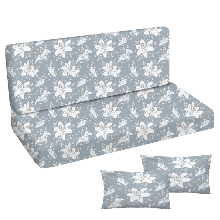 Saltea perna pentru leagan, banca de gradina, pentru mobilier din paleti, din spuma, 2 bucati, Flori Albastre, 100x50x50 P+P