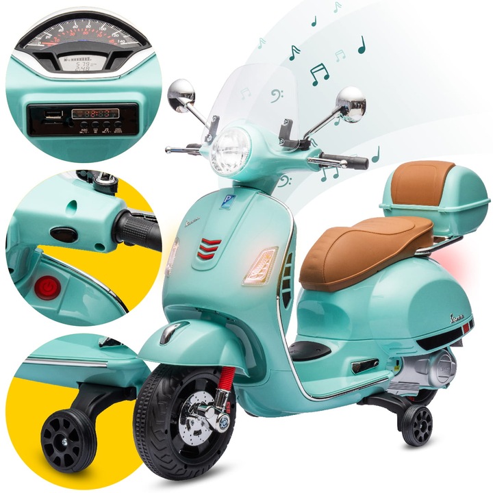 Електрическа тротинетка, Sun Baby, Vespa, детска, на акумулатор, с багажник, MP3, Turquoise