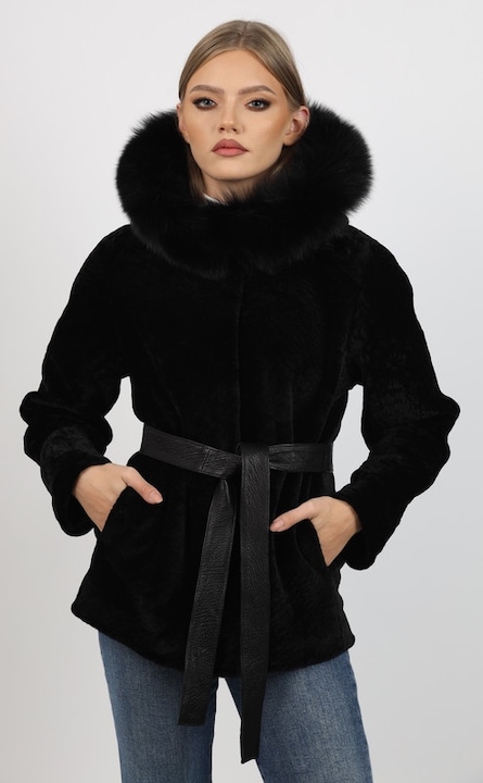Geaca de Dama din Blana de Miel Australian cu Gluga din Vulpe Argintie, Model Vera, Negru