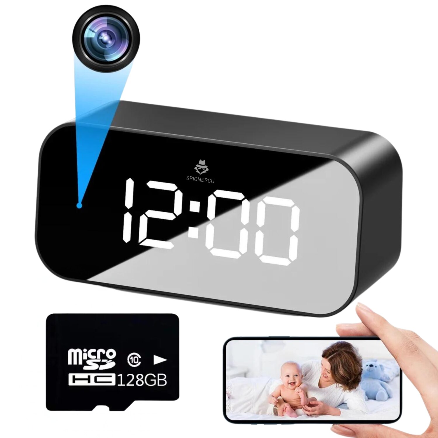 Ceas spion cu camera ascunsa 4K, Spionescu, TC100, WIFI, unghi de 166°, vedere nocturna, 128 GB, detectarea miscarii, baterie 1200 mAh, autonomie 4 ore, negru