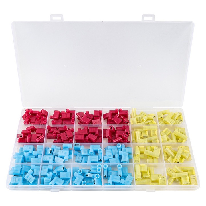 Set de 200 conectori de cablu, tip steag, papuci electrici, JZRO, 100 perechi,22-10 AWG, Terminale de sarma electrica pentru conexiuni rapide, izonate, Kit Asortat AWG22-18,16-14,12-10, cu deconectare rapida, Multicolor
