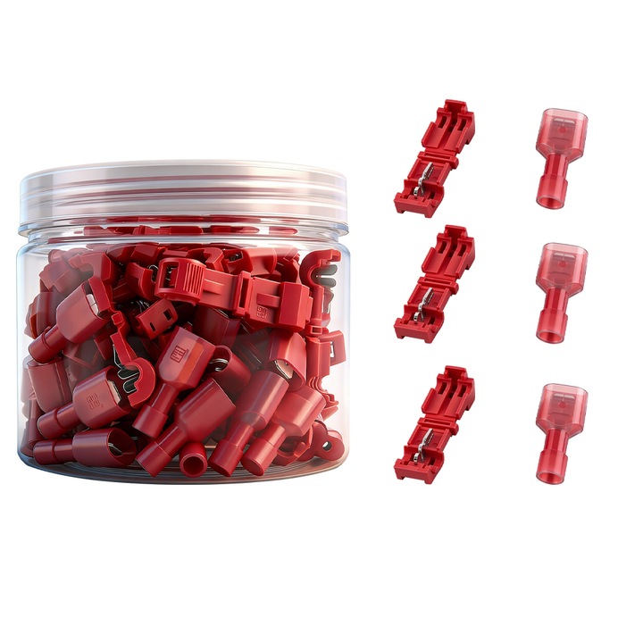 Set 100 Conectori pentru conductori electrici, JZRO, nylon, cupru, rosu, conectori electrici tip T, Conectare Rapida