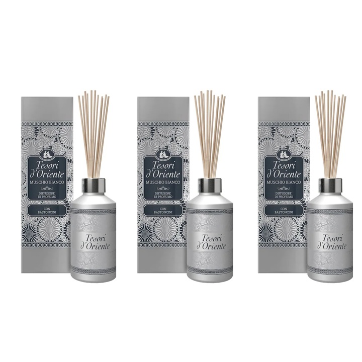 Set 3 x Parfum camera, Tesori d'Oriente cu betisoare, Muschio Bianco, 200ml