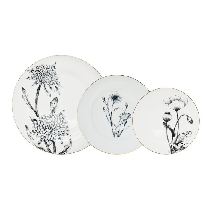 Set 18 farfurii din portelan alb cu imprimeu negru si bordura aurie Misaki Preziosa Luxury Home