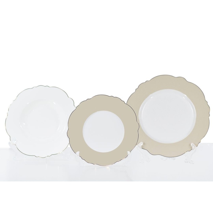 Set 18 farfurii portelan alb si bej cu bordura aurie Preziosa Luxury Home