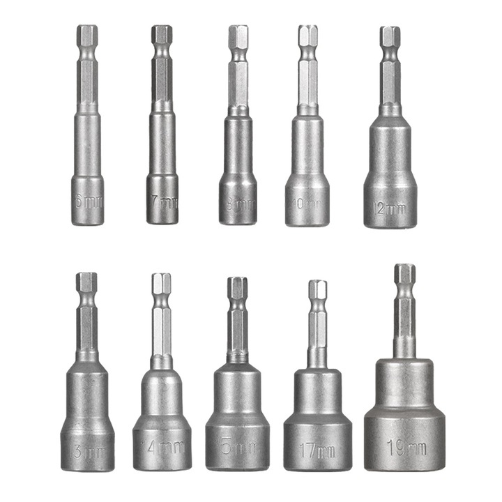 Set 10 biti de surubelnita magnetica hexagonala, Autocise, otel crom-vanadiu, 65mm, argintiu