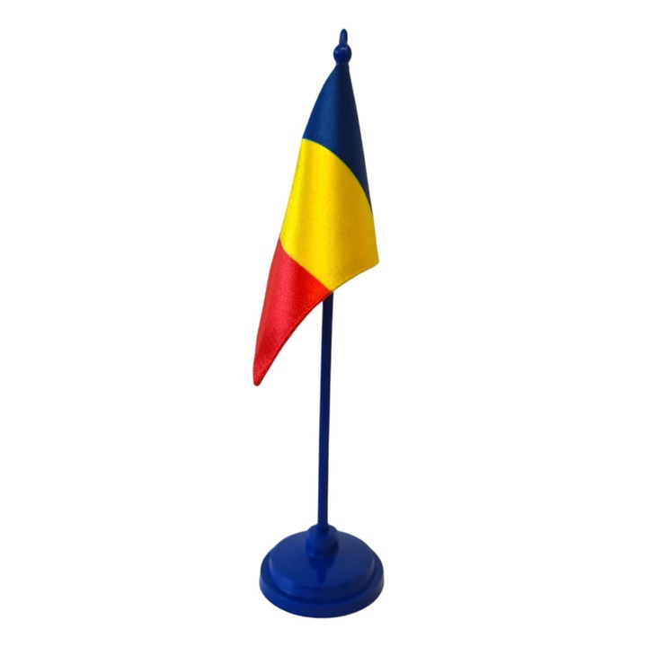 Steag tip drapel tricolor Romania, fata Dubla de Matase, 10 cm x 15 cm, suport de plastic Albastru, pentru birou, inaltime 30 cm