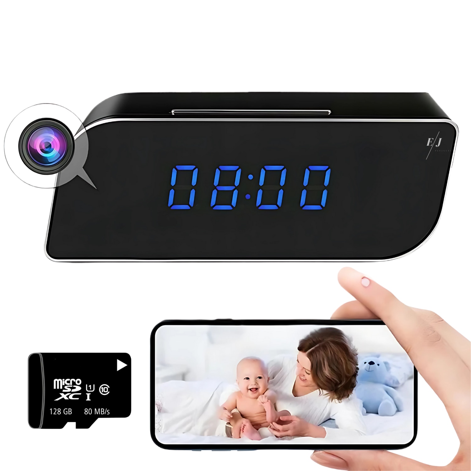Camera spion WI-FI ascunsa in ceas desteptator, EJ Products, 128 GB, detectare miscare, rezolutie 1080P, Tehnologie DVR Wi-Fi IP, baterie 4000 mAh, autonomie 5 ore, unghi de vizualizare 150°, negru