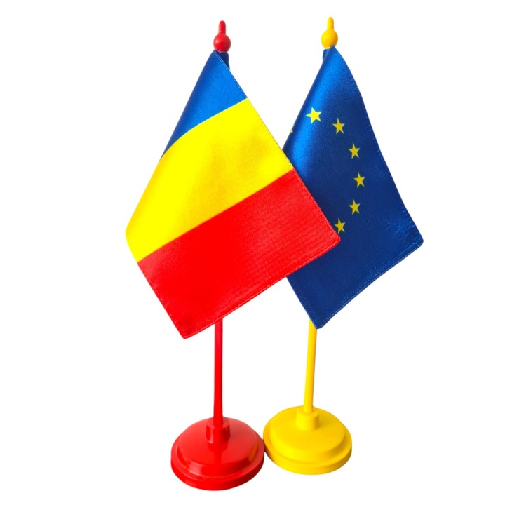 Set 2 x Steag tip drapel Tricolor si Uniunea Europeana, fata Dubla de Matase, 10 cm x 15 cm, suport de plastic, pentru birou, inaltime 30 cm
