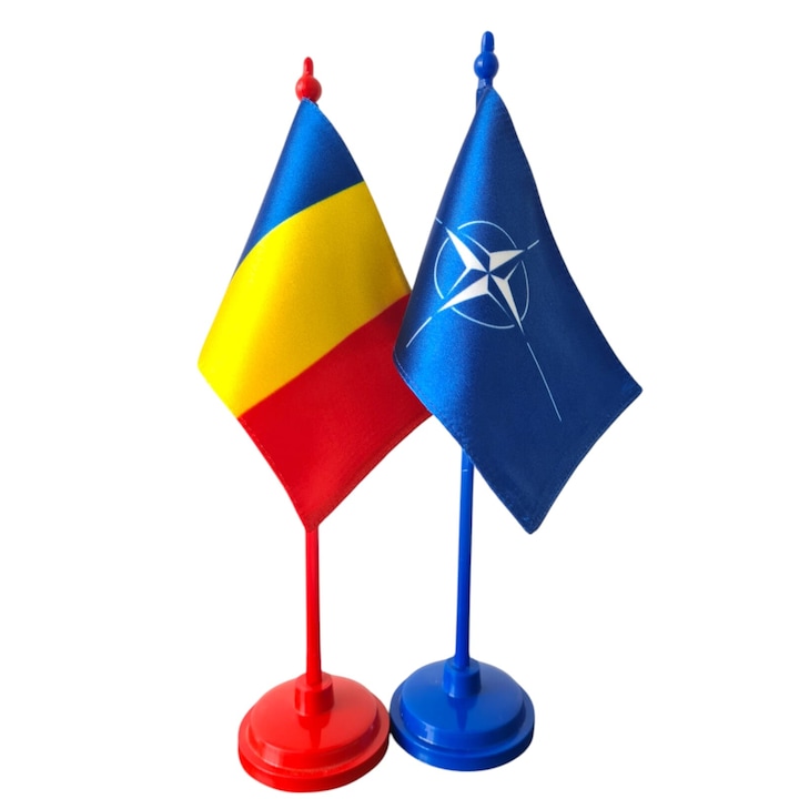 Set 2 x Steag tip drapel Tricolor si Nato, fata Dubla de Matase, 10 cm x 15 cm, suport de plastic, pentru birou, inaltime 30 cm