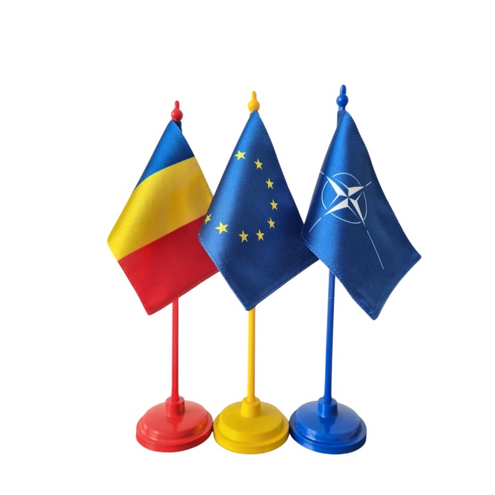 Set 3 x Steag tip drapel Tricolor, Uniunea Europeana si Nato, fata Dubla de Matase, 10 cm x 15 cm, suport de plastic, pentru birou, inaltime 30 cm
