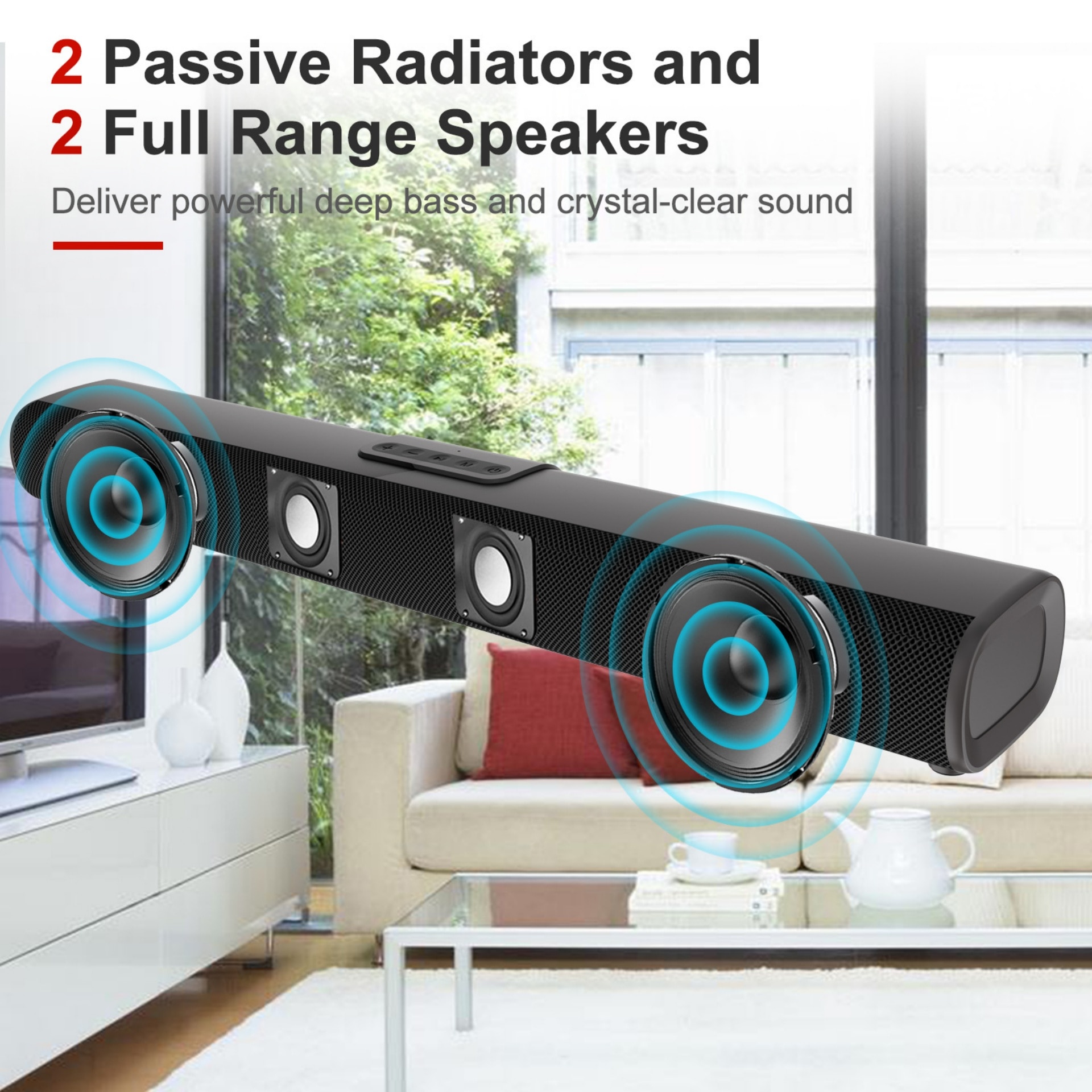 Bara de sunet inteligenta, Bluetooth 5.0, putere 50 W, montata pe perete, USB, subwoofer, telecomanda cu infrarosu, comunicare hands-free, compact si portabil, negru