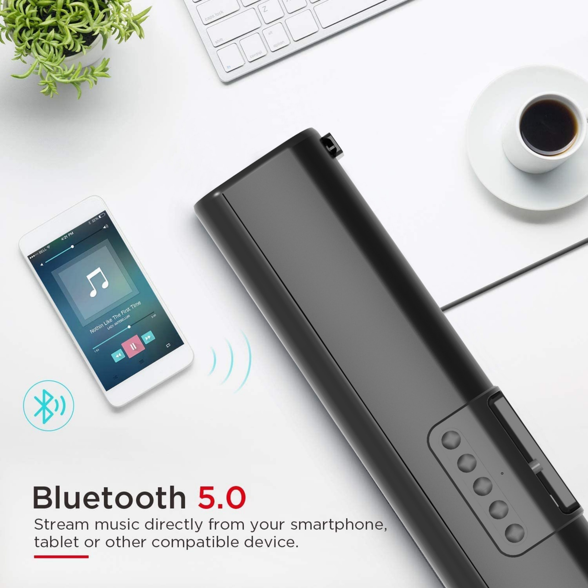Bara de sunet inteligenta, Bluetooth 5.0, putere 50 W, montata pe perete, USB, subwoofer, telecomanda cu infrarosu, comunicare hands-free, compact si portabil, negru