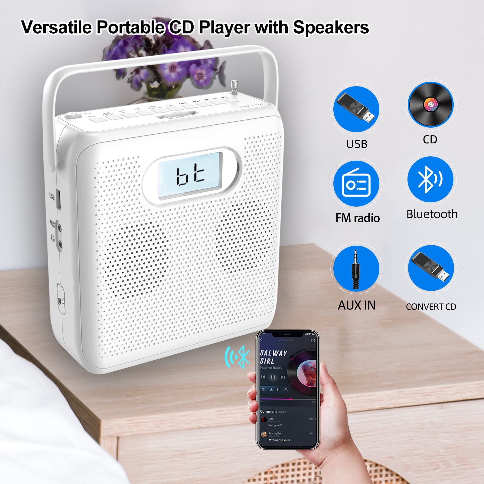 Difuzor portabil, MP3 player, USB, Bluetooth, FM, interfata audio AUX, alb