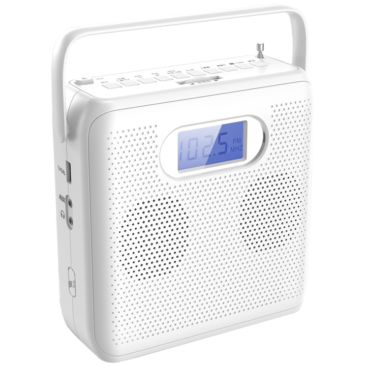Преносима колонка, MP3 плейър, USB, Bluetooth, FM, AUX аудио интерфейс, бяла