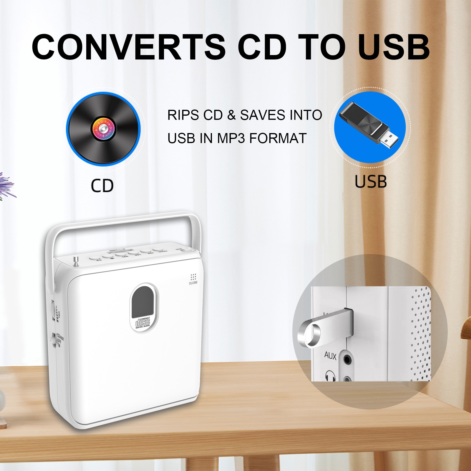 Difuzor portabil, MP3 player, USB, Bluetooth, FM, interfata audio AUX, alb