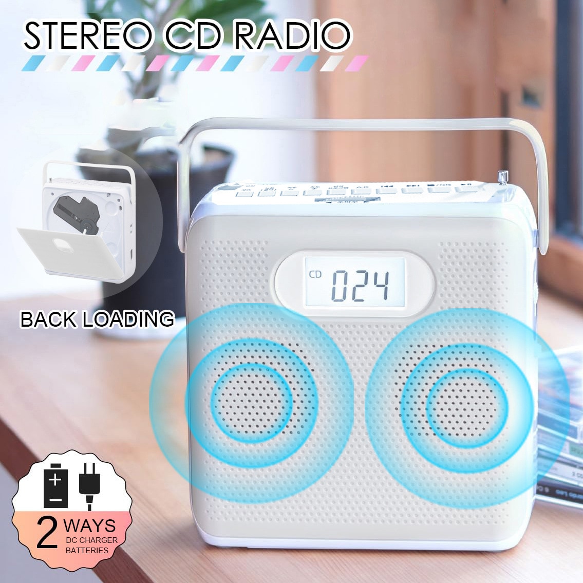 Difuzor portabil, MP3 player, USB, Bluetooth, FM, interfata audio AUX, alb