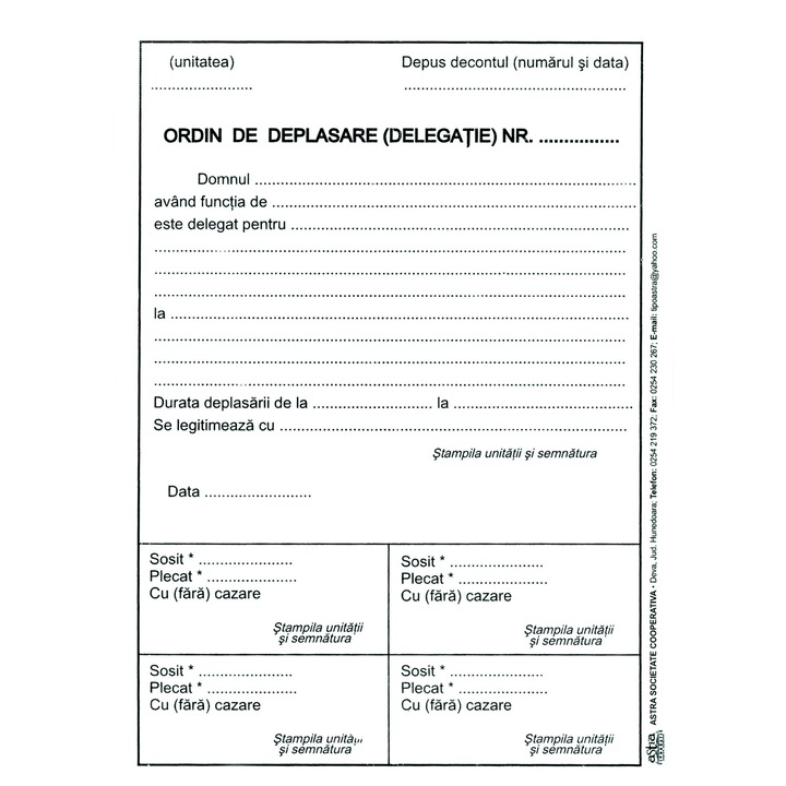 Ordin deplasare, A5, 100 file, hartie 70 g, coperta hartie, portrait