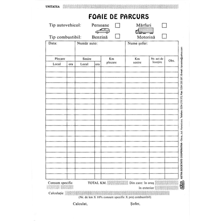 Foaie de parcurs persoane + marfa, A5, 100 file, hartie 70 g, coperta hartie, portrait