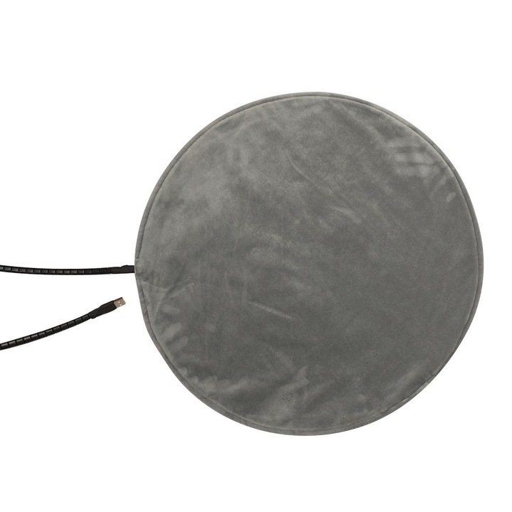 Подложка за домашни любимци, диаметър 45 см, термостатно отопление, интерфейс тип С, устойчива на износване и ухапване, удобна материя, сива, за кучета и котки