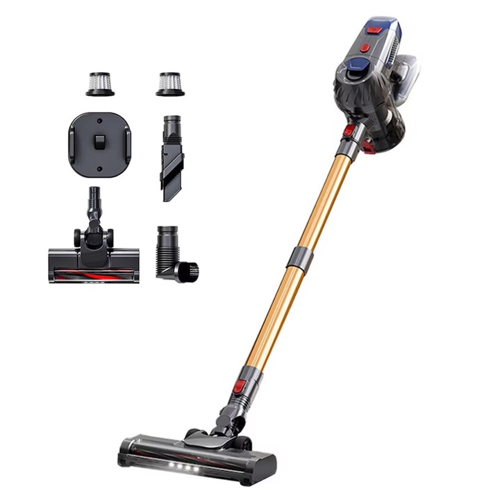 Aspirator vertical, tija telescopica, 0.8 litri, autonomie 30 min, 150W, 11000Pa, cap de perie echipat cu 4 lumini LED, filtrare in cinci trepte, reglare in doua viteze, perie standard + accesorii, Auriu | Negru