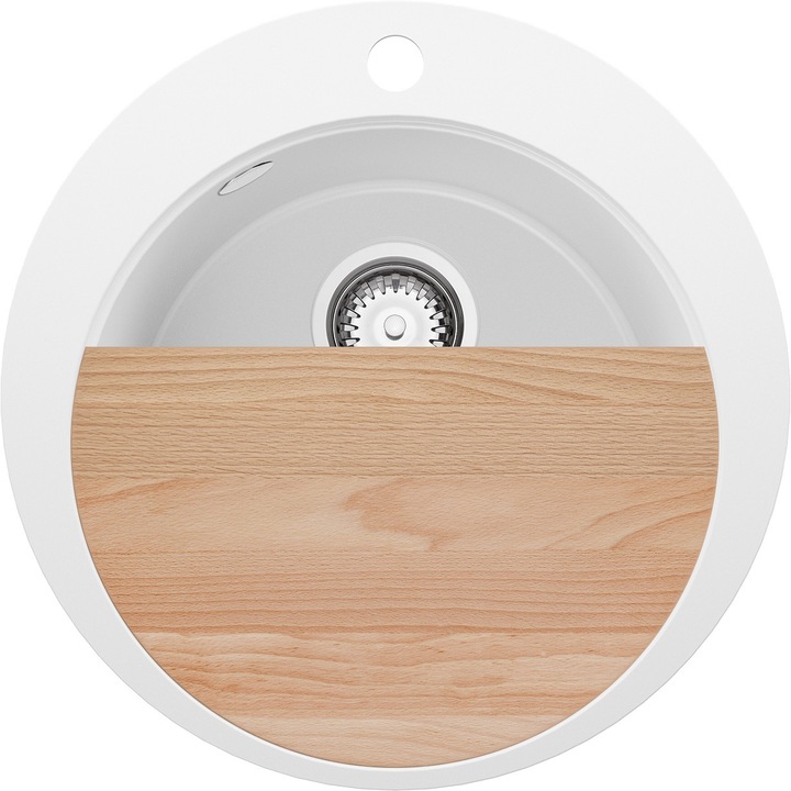 Chiuveta de bucatarie rotunda din granit 50x50cm, Chiuveta 1 Cuva + Sifon + Placa, Pentru dulap de 45cm, Pisa Top Primagran Alb