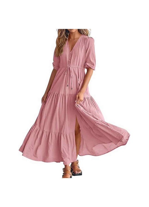 Jormftte hosszú strandruha, V-nyakú, rövid ujjú, virágmintás, rózsaszín, sifon