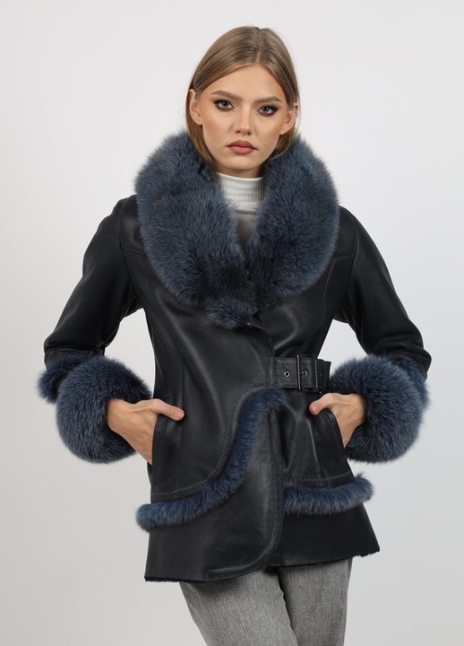 Cojoc de Dama din Blana de Miel si Vulpe Argintie, Model Norvegia, Albastru