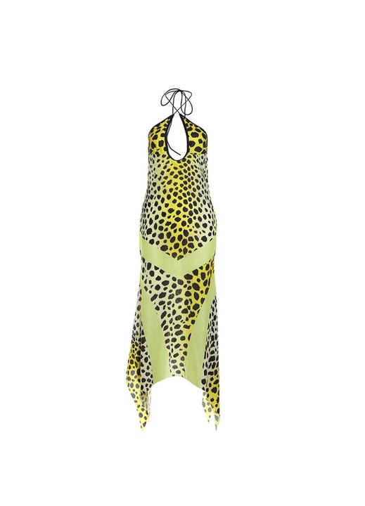 Midi ruha, Jormftte, ujjatlan, nyitott hátú, sárga, poliészter és spandex