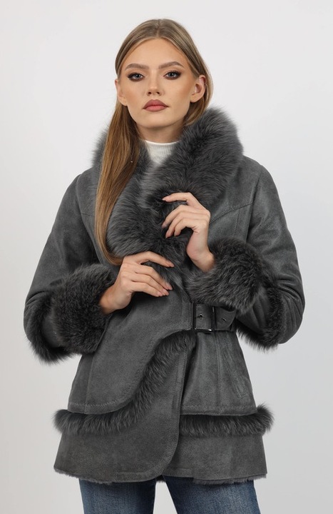 Cojoc de Dama din Blana de Miel si Vulpe Argintie, Geronimo, Model Norvegia Gri, Gri