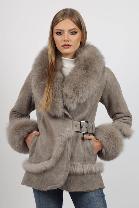 Cojoc de Dama din Blana de Miel si Vulpe Argintie, Geronimo, Model Norvegia Bej, Bej