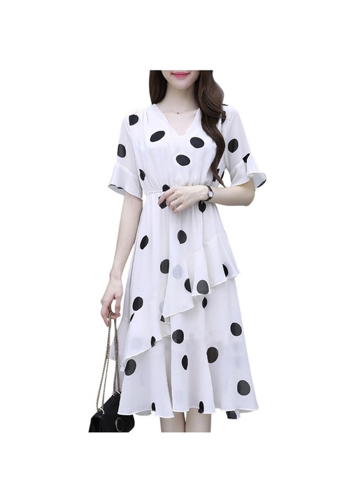 Jormftte fehér, alkalmi ruha, fodros, V-nyakú, 3/4-es ujjú, tavasz-nyár