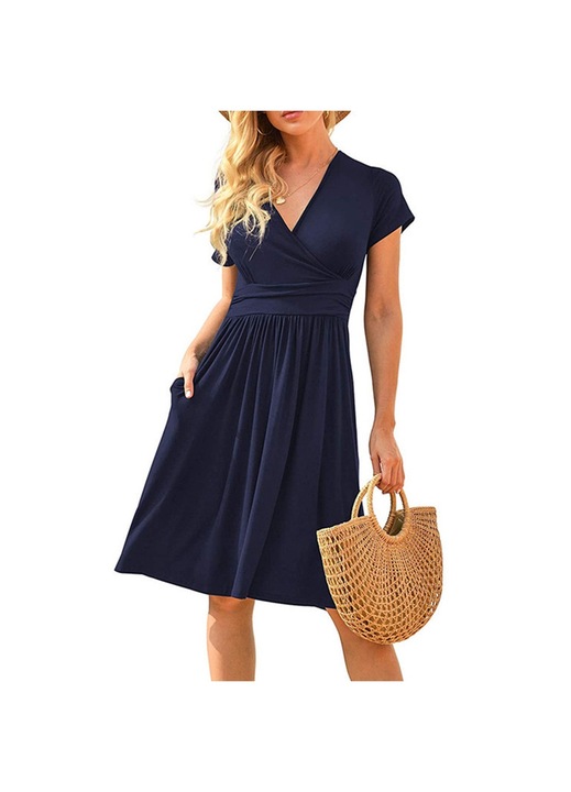 Jormftte nyári ruha, sötétkék, rövid ujjú, V-nyakú, fodros, zsebekkel
