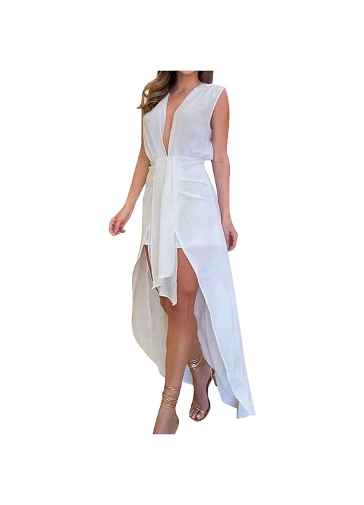 Jormftte női ruha, ujjatlan, V-nyakú, fehér, poliészter