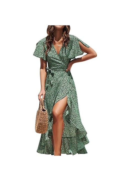 Női ruha, Jormftte, V-nyakú, rövid ujjú, zöld, alkalmi anyag