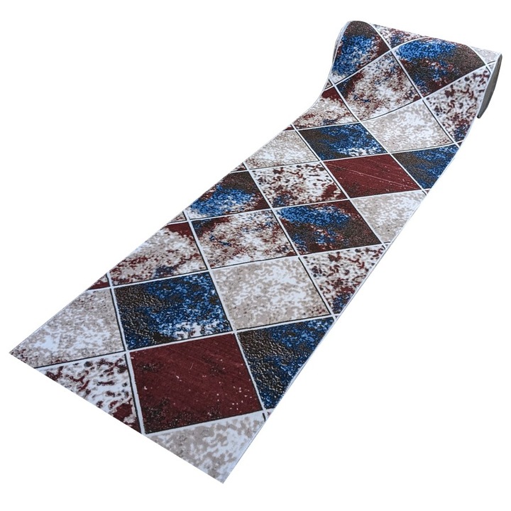 Traversa antiderapanta, Geometric, Visiniu-Albastru, 010, 80cm latime cu 250cm lungime