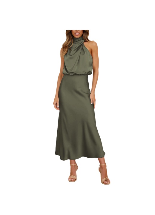 Jormftte estélyi ruha, elegáns, ujjatlan, katonai zöld, szatén, XL INTL