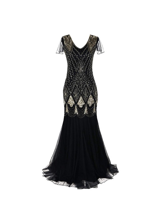 Női ruha, Jormftte, 1920-as évek, flitteres, rojtok, arany fekete, maxi