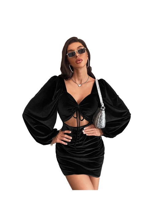 Alkalmi ruha, Jormftte, testhezálló, fekete, bársony, hosszú ujjú, magas derekú