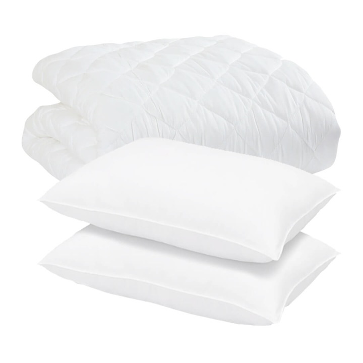 Set pilota matlasata 2 persoane 200x220 cm si 2 perne 50x70 cm, NufJoy® umplutura 250 g/mp puf siliconizat antialergic, invelis microfibra, nivel mediu de caldura, Alb