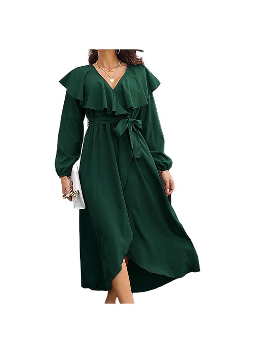 Női ruha Jormftte, V-nyakú, hosszú puffos ujjú, fodros, sötétzöld, könnyű és légáteresztő anyagból