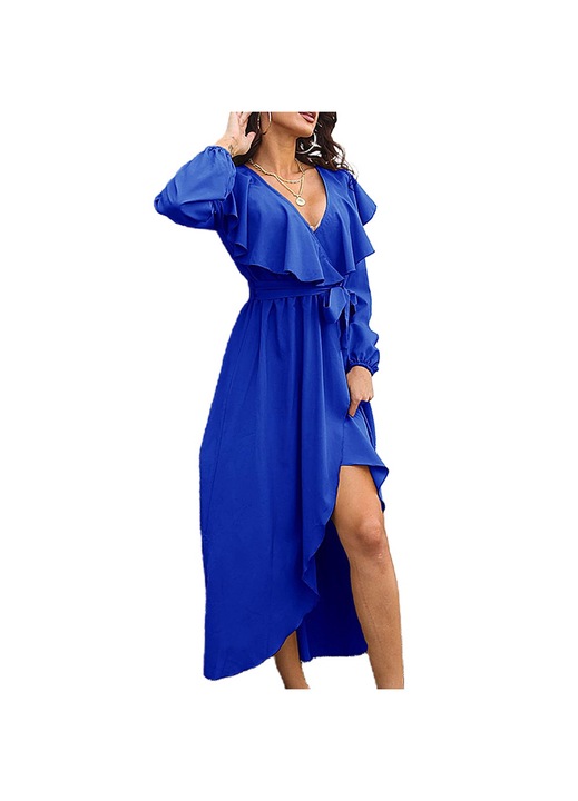 Női ruha, Jormftte, szexi, V-nyakú, fodros, kék, hosszú