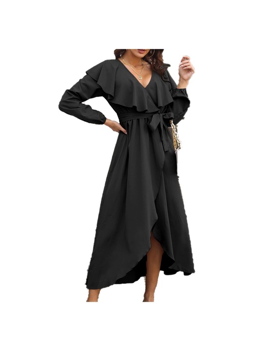 Jormftte női ruha, szexi, V-nyakú, fodros, hosszú ujjú, fekete, alkalmi