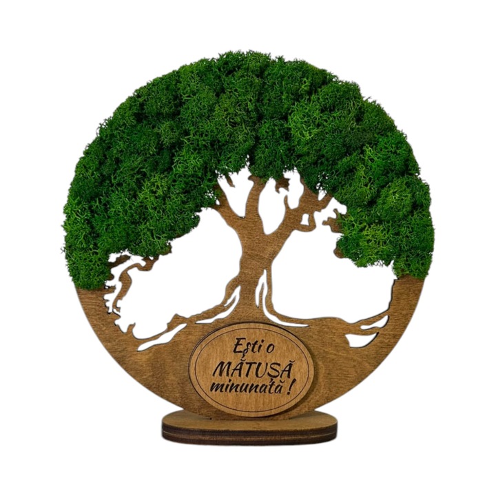 Decoratiune Copacul Vietii cu Suport si Licheni Stabilizati pentru Matusa, Lemn de Mesteacan, Culoare Stejar, 18 cm